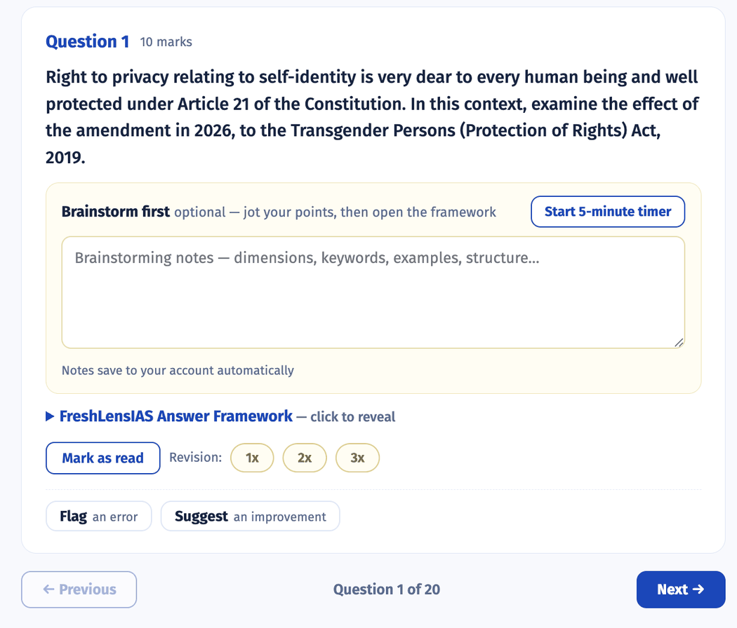 A Mains question with the brainstorming block, five minute timer and writing space above the folded answer framework