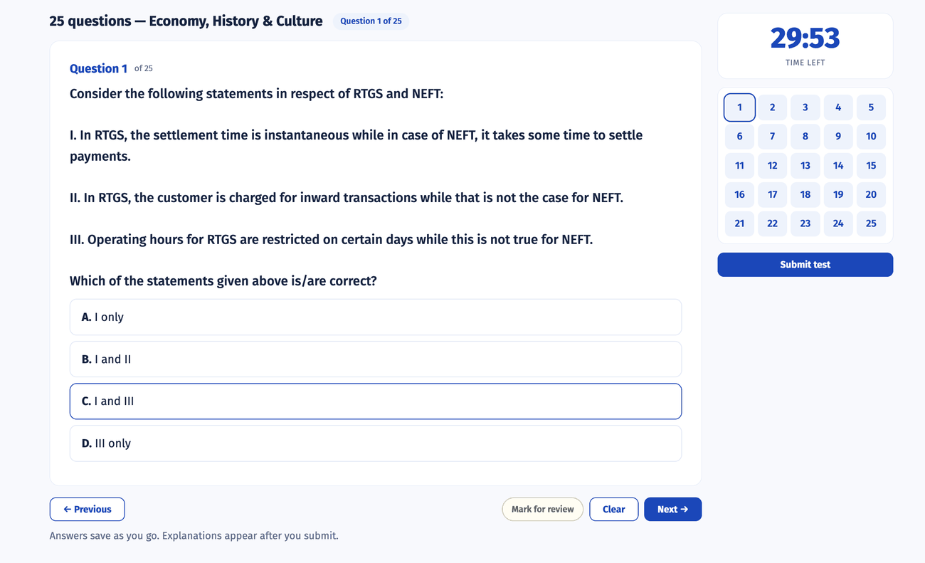 Test mode with one question, a large countdown timer and the question palette